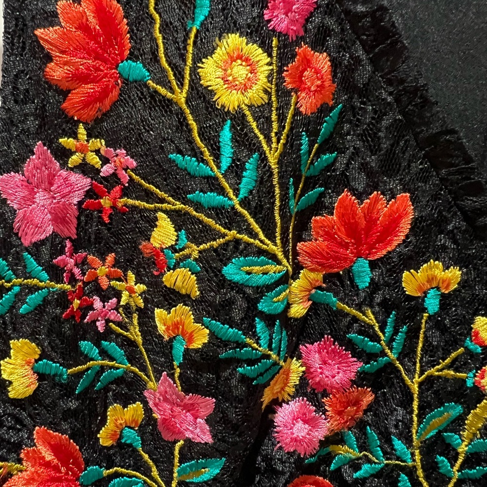 French Connection Black Midi Dress with Multicolor Floral Embroidery - Picture 5 of 9
